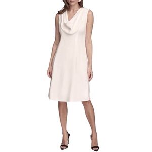 Donna Karan Cowlneck A Line Dress White Crepe Sleeveless Size 8 New